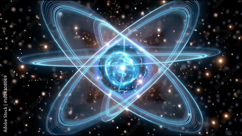 Poster atomic nucleus glowing blue energy with orbiting electron paths and sparkling particles in dark spac