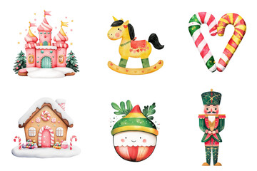 Watercolor illustrations of Christmas items feature a castle toy horse candy canes gingerbread house elf and nutcracker