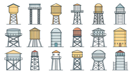 Collection of different water tower line icons separated from each other with ladder and tank outlines blank background

