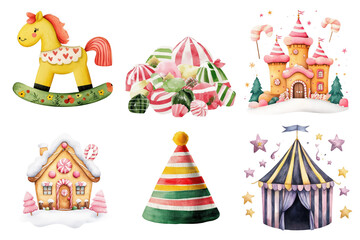 Watercolor illustrations of a rocking horse candy pile gingerbread house circus tent and a party hat transparent