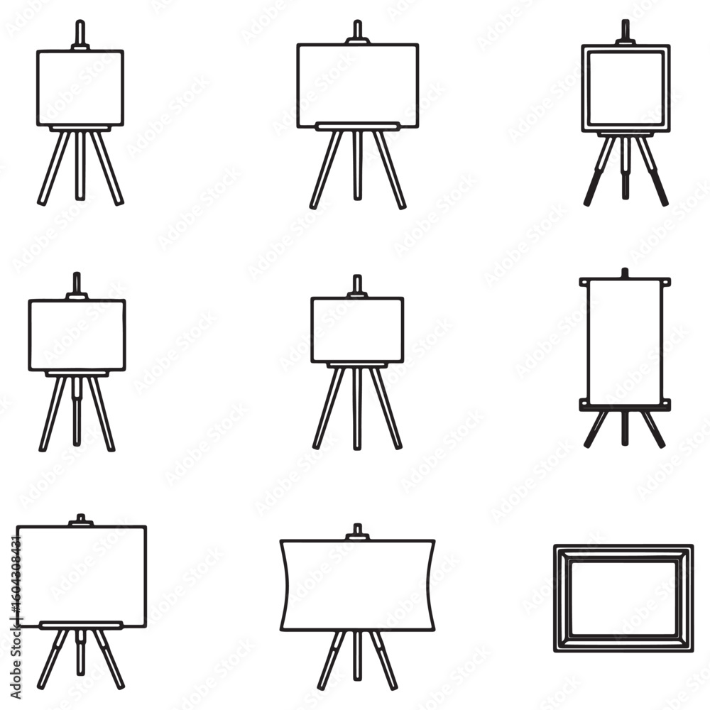 Poster minimalist line art collection of various artist easels displaying blank canvas for artworks