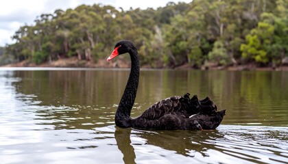 Elegant black swan gracefully gliding on a serene lake with lush green background