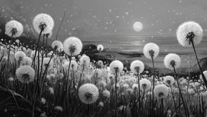 Black and white field of dandelions by the ocean at sunset