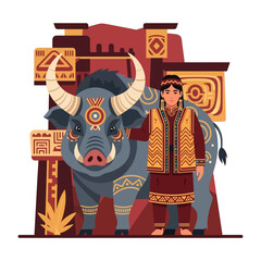 Indigenous Person and Gray Ox with Tribal Art Illustration