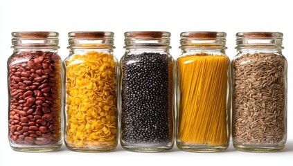 Assorted dry goods are displayed in glass jars with cork lids, creating a rustic pantry aesthetic for a well-stocked kitchen.