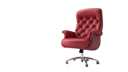 Stylish red executive chair with tufted design and chrome base suitable for modern office environments on transparent background