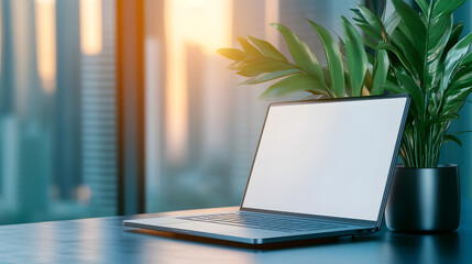 modern laptop with blank screen on a table in a smart city office setting with blurred background