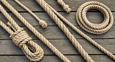 Obraz premium Nautical ropes with knots arranged on weathered wooden planks, creating a textured background