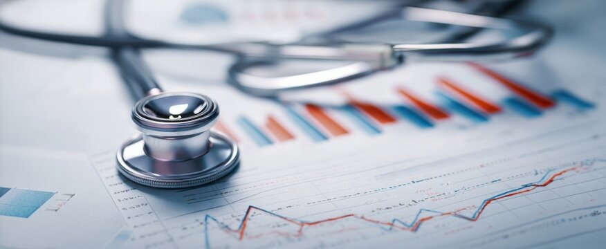The stethoscope resting on statistical healthcare analysis documents and graphs.