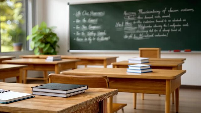 Learning environment in a bright classroom with wooden desks and chalkboard during a sunny day