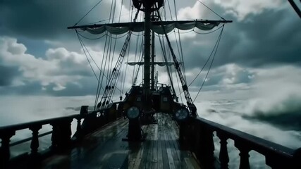 Dramatic view from the deck of a sailing ship navigating turbulent seas under stormy skies
