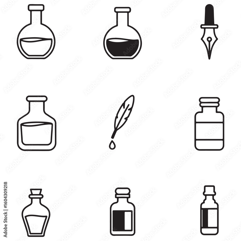 Poster minimalist vector icons featuring laboratory flasks ink bottles and quill feather for design concept