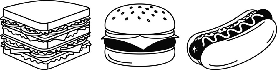  Sandwich Burger and Hotdog Icon Illustration on Transparent Background