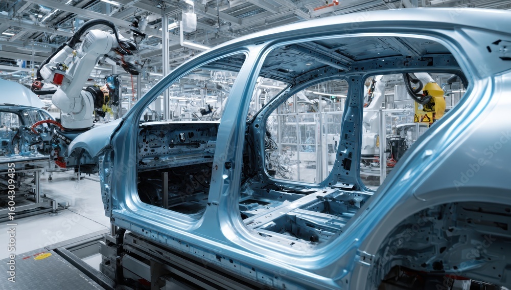 Poster automated manufacturing shows the skeletal frame of a vehicle being assembled by robotic arms in a m