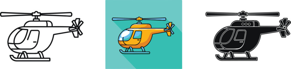  Helicopter Icons Set: Cartoon Color and Outline Variants