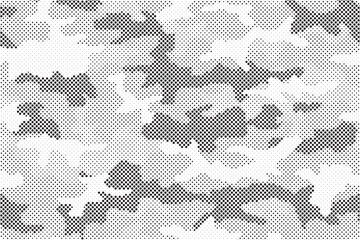 Abstract halftone seamless camouflage pattern. Repeating digital dotted hexagonal camo military texture background. Abstract modern fabric textile ornament. Vector illustration.
