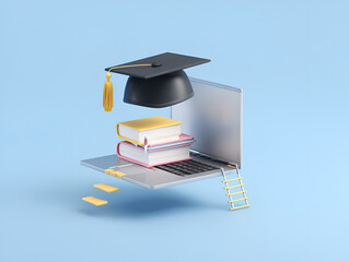 Digital learning 3D illustration academic cap laptop and books minimal blue backdrop for training decks startup pitch slides and websites