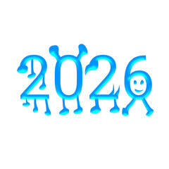 Blue glitch effect text "2026", modern digital look with broken style