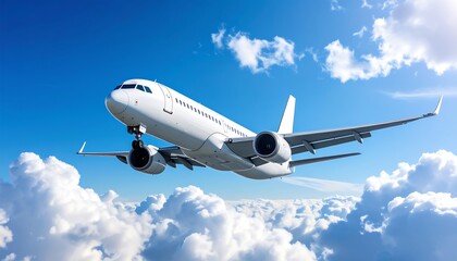 Fototapeta premium White jet plane soaring above fluffy clouds
