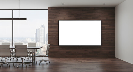 Futuristic conference room interior with blank tv screen and city view. Workplace and corporate concept. 3D Rendering
