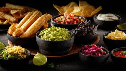 Assorted Mexican snacks and dips
