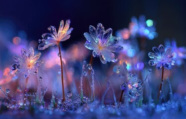 Crystal flowers in dewy, vibrant night