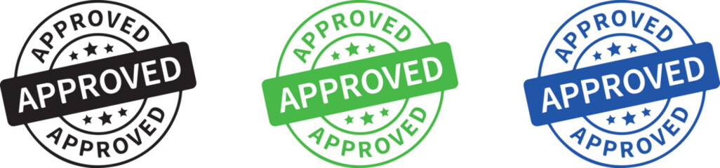 Approved rubber stamp icon set in black, green, and blue colors – vector illustration