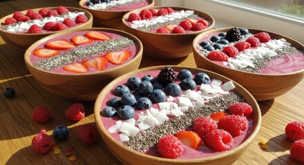 Colorful Fruit Smoothie Bowls with Fresh Berries and Seeds on Wooden Table Near Window