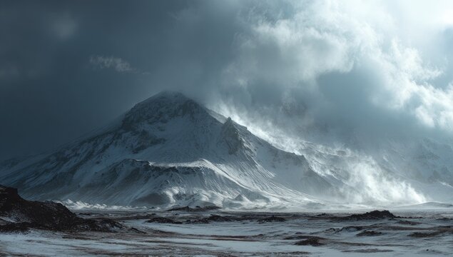 Snowy mountain peak, dramatic clouds, icy landscape - Powered by Adobe
