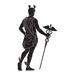 Fototapeta premium Divine Hermes black vector graphic, reflecting his celestial and influential nature – Hermes silhouette – Hermes Vector – Silhouette of Hermes – Greek god silhouette