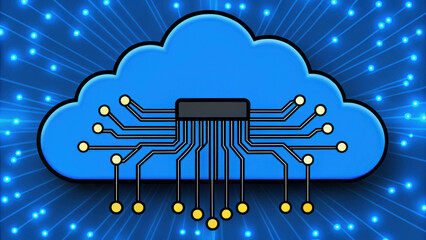 Cloud connect network cable memory concept with blue digital background and electronic circuit lines