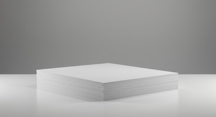 Stack of pristine white paper on a reflective surface against a gray backdrop.