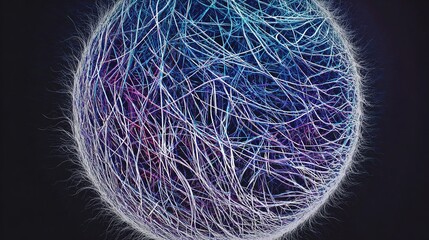 A vivid color photograph of an abstract sphere made up of many thin lines, set against a black background with blue and purple hues.
