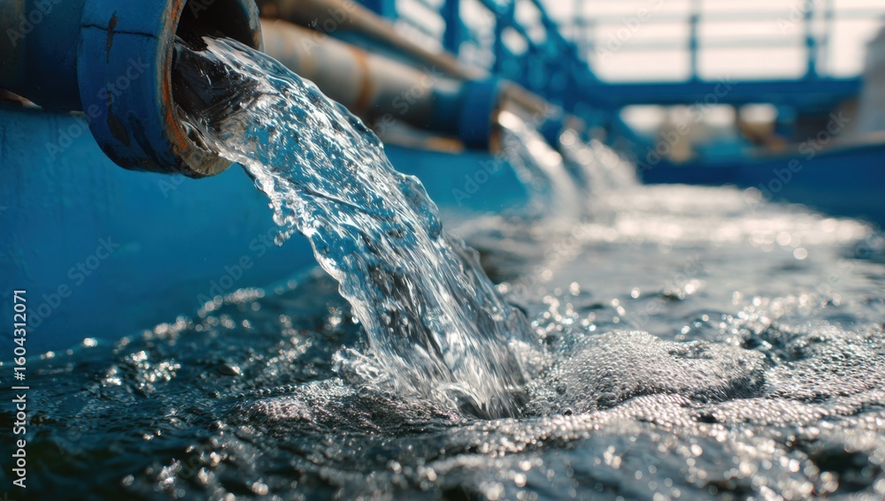Poster cascading water flows from a blue pipe creating a refreshing spectacle of motion and light reflectin