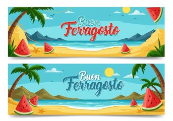 Two italian ferragosto beach banners with watermelon and palm trees