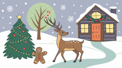 Fototapeta premium Christmas scene with deer, gingerbread man, tree, cabin and snow falling in a winter landscape