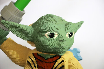 Fototapeta premium Statue created with Lego blocks of the character Yoda from the movie Star Wars