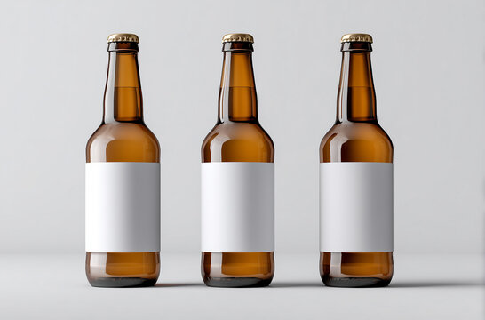 3 beer bottle mockups with blank white labels on a light grey background. Minimal and clean presentation, perfect for branding, packaging design, and product display.