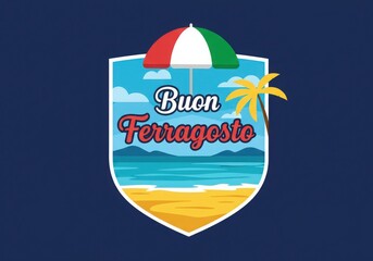 Buon ferragosto italian holiday beach scene with umbrella and palm tree