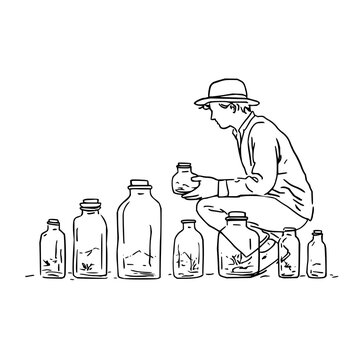 A person with a hat is squatting and holding a jar while surrounded by several jars of varying sizes