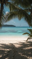 Obraz premium Tropical beach scene with palm trees and turquoise water.