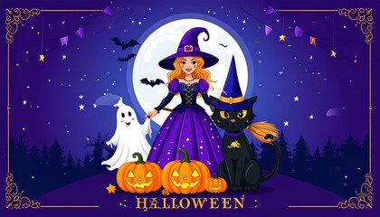 Enchanting Halloween Night Scene with a Witch, Ghost, Cat, Pumpkins, and a Full Moon