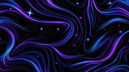 A close-up of an abstract digital pattern with neon purple and blue swirls on a black background, resembling glowing constellations in space
