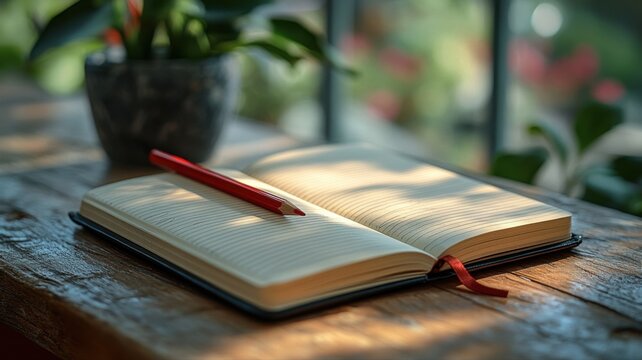 Open Journal with Red Pencil and Ribbon Bookmark on Wooden Table in Sunlight journal pencil sunlight