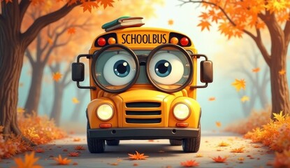 A cheerful school bus with oversized eyes and a book on its roof is parked on a winding road through trees adorned with vibrant autumn leaves