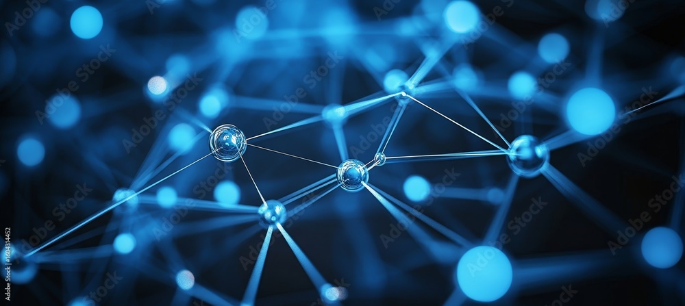 Poster abstract network structure in deep blue interconnected nodes and lines for technology concept