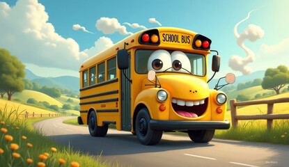 A vibrant cartoon school bus with a big smile navigates a winding road surrounded by rolling hills and bright green fields under a clear blue sky, creating a joyful atmosphere