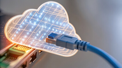 Cloud network connect cable with glowing memory circuit concept for data transfer and technology innovation