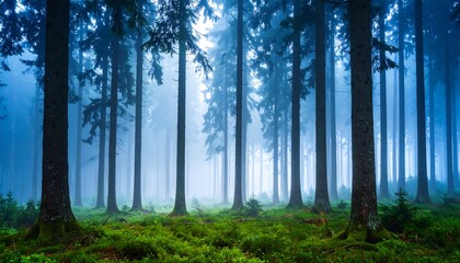 Enchanting misty forest with tall trees and lush green undergrowth in early morning