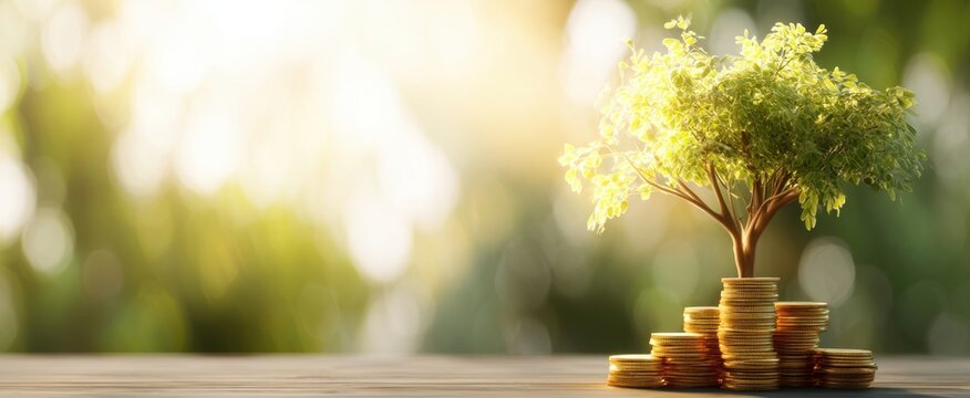 The flourishing tree growing among shining coins representing investment and prosperity.